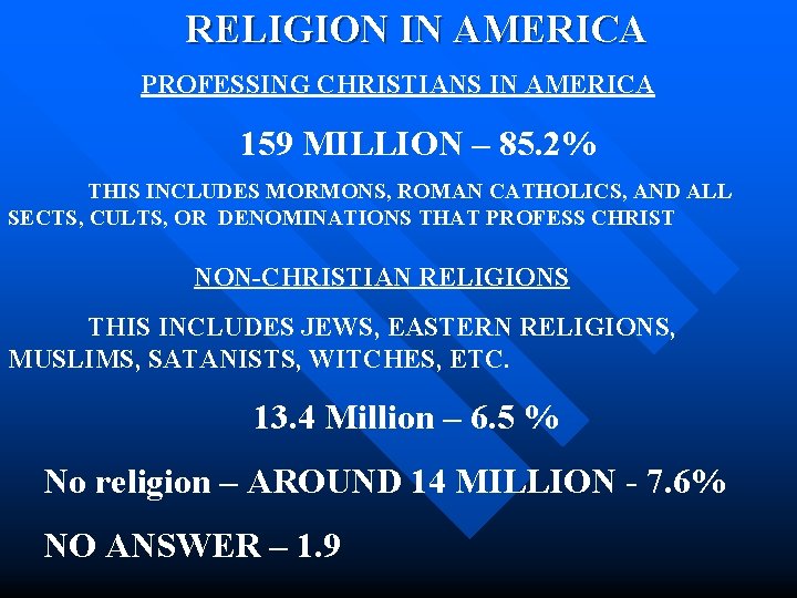  RELIGION IN AMERICA PROFESSING CHRISTIANS IN AMERICA 159 MILLION – 85. 2% THIS