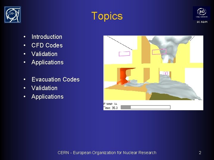 Topics • • SC-GS/PI Introduction CFD Codes Validation Applications • Evacuation Codes • Validation