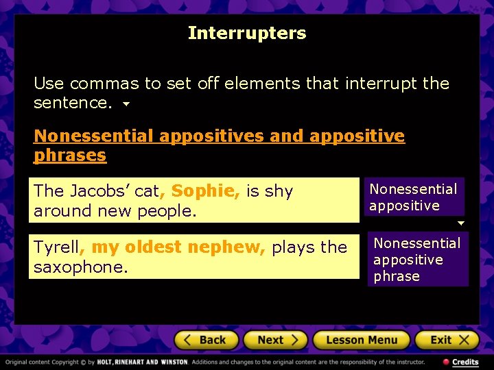 Interrupters Use commas to set off elements that interrupt the sentence. Nonessential appositives and