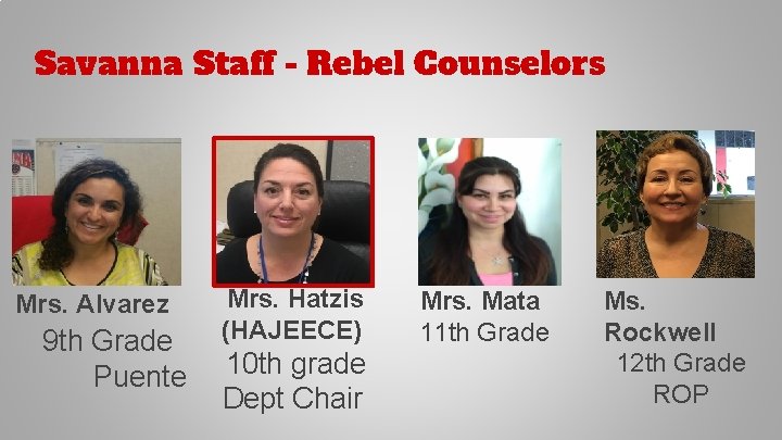 Savanna Staff - Rebel Counselors Mrs. Alvarez 9 th Grade Puente Mrs. Hatzis (HAJEECE)