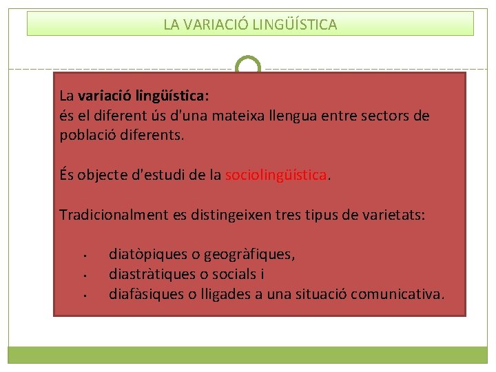 LA VARIACIÓ LINGÜÍSTICA La variació lingüística: és el diferent ús d'una mateixa llengua entre