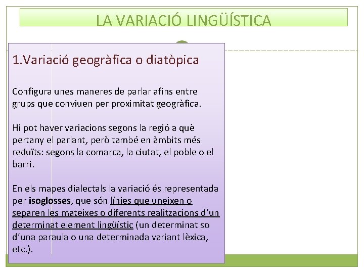 LA VARIACIÓ LINGÜÍSTICA 1. Variació geogràfica o diatòpica Configura unes maneres de parlar afins