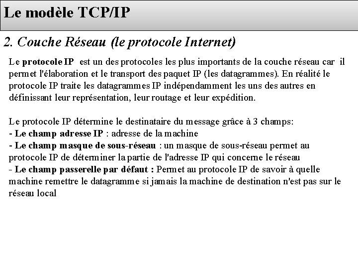 Le modèle TCP/IP 2. Couche Réseau (le protocole Internet) Le protocole IP est un