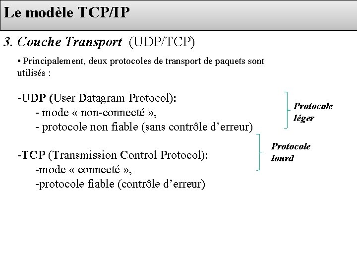 Le modèle TCP/IP 3. Couche Transport (UDP/TCP) • Principalement, deux protocoles de transport de