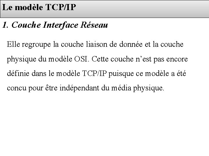 Le modèle TCP/IP 1. Couche Interface Réseau Elle regroupe la couche liaison de donnée