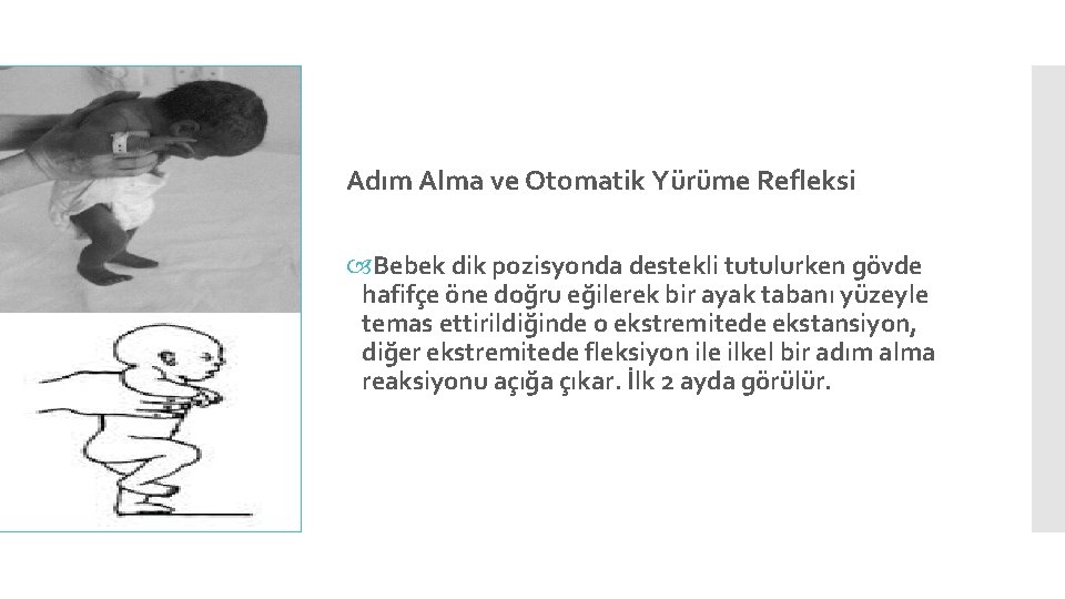 Adım Alma ve Otomatik Yürüme Refleksi Bebek dik pozisyonda destekli tutulurken gövde hafifçe öne