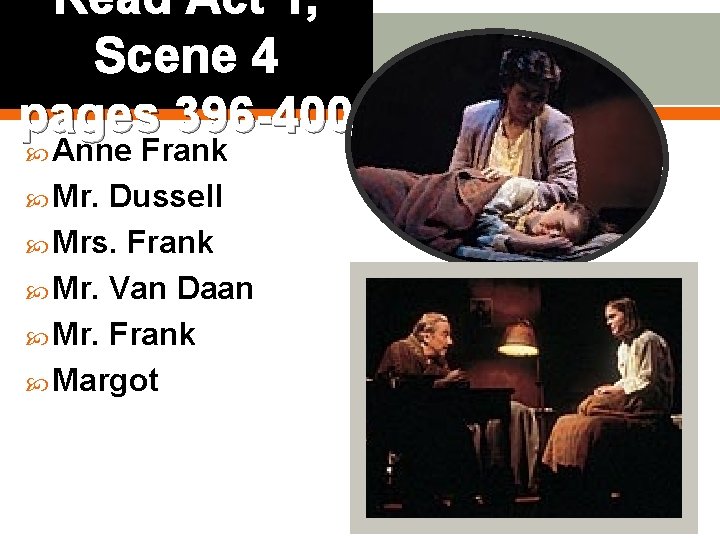 Read Act 1, Scene 4 pages 396 -400 Anne Frank Mr. Dussell Mrs. Frank Read Act 1, Scene 4 pages 396 -400 Anne Frank Mr. Dussell Mrs. Frank