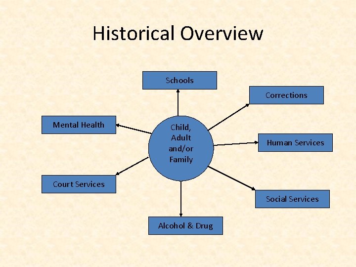 Historical Overview Schools Corrections Mental Health Child, Adult and/or Family Human Services Court Services