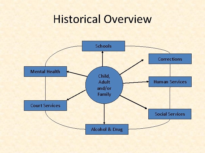 Historical Overview Schools Corrections Mental Health Child, Adult and/or Family Human Services Court Services