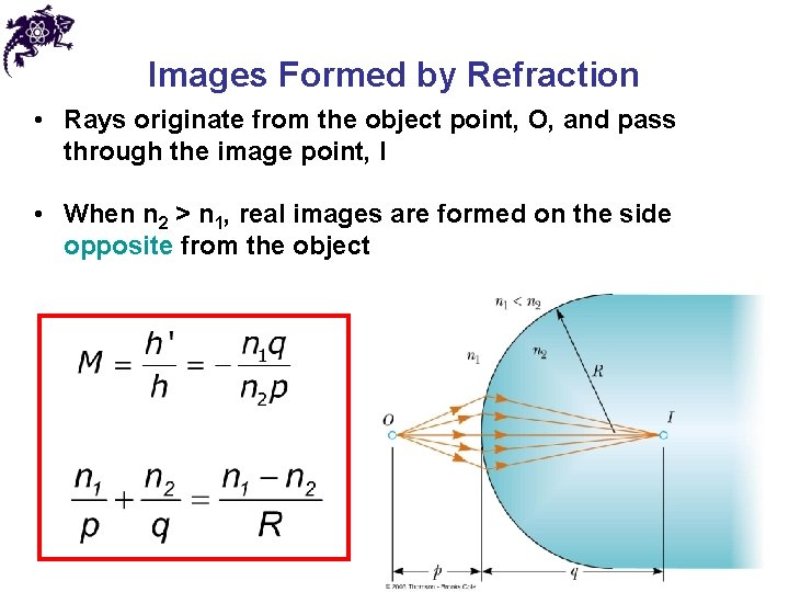 Images Formed by Refraction • Rays originate from the object point, O, and pass