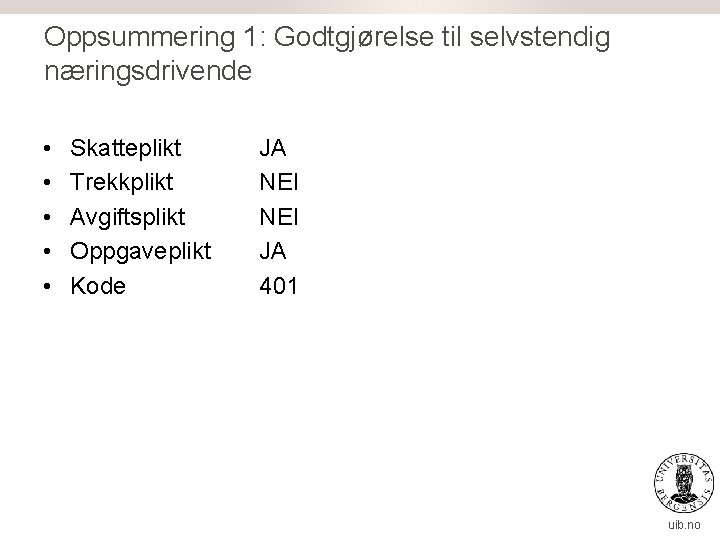 Oppsummering 1: Godtgjørelse til selvstendig næringsdrivende • • • Skatteplikt Trekkplikt Avgiftsplikt Oppgaveplikt Kode