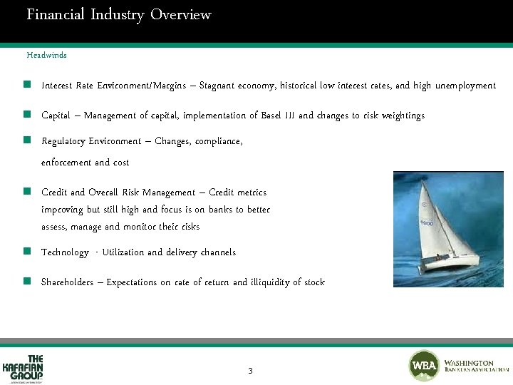 Financial Industry Overview Headwinds n Interest Rate Environment/Margins – Stagnant economy, historical low interest