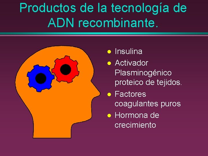 Productos de la tecnología de ADN recombinante. l l Insulina Activador Plasminogénico proteico de