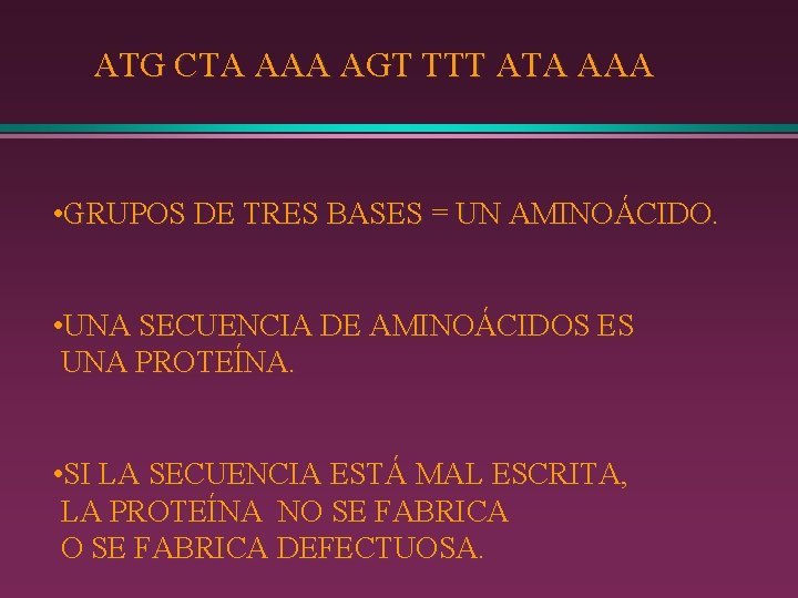 ATG CTA AAA AGT TTT ATA AAA • GRUPOS DE TRES BASES = UN