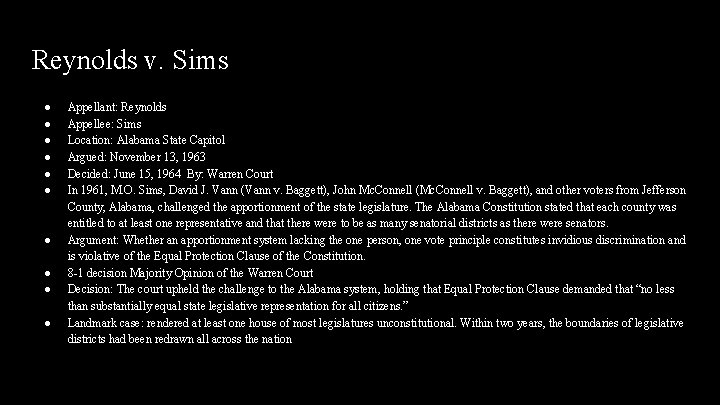 Reynolds v. Sims ● ● ● ● ● Appellant: Reynolds Appellee: Sims Location: Alabama Reynolds v. Sims ● ● ● ● ● Appellant: Reynolds Appellee: Sims Location: Alabama