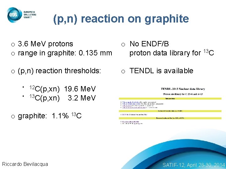 (p, n) reaction on graphite o 3. 6 Me. V protons o range in