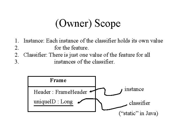 (Owner) Scope 1. Instance: Each instance of the classifier holds its own value 2. (Owner) Scope 1. Instance: Each instance of the classifier holds its own value 2.