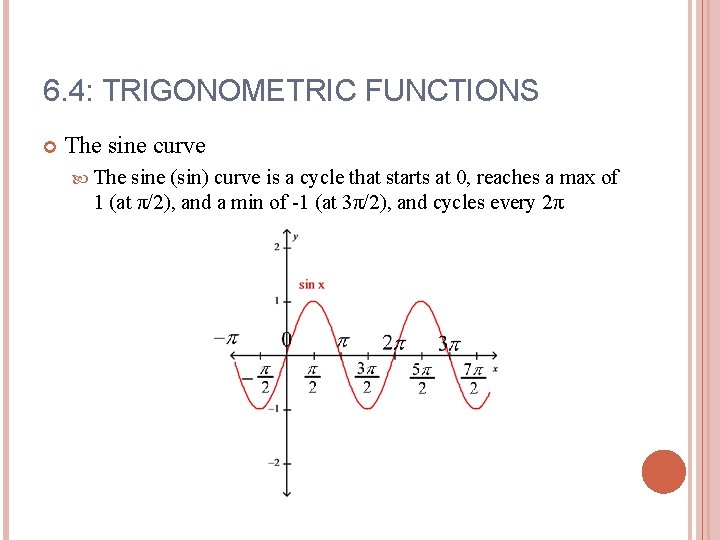 6. 4: TRIGONOMETRIC FUNCTIONS The sine curve The sine (sin) curve is a cycle