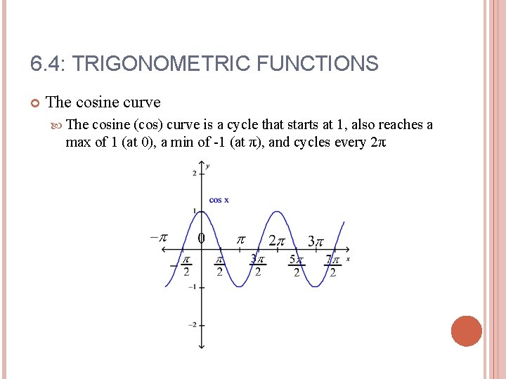 6. 4: TRIGONOMETRIC FUNCTIONS The cosine curve The cosine (cos) curve is a cycle