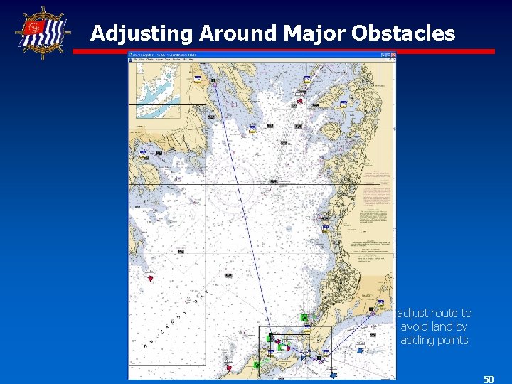 Adjusting Around Major Obstacles adjust route to avoid land by adding points 50 