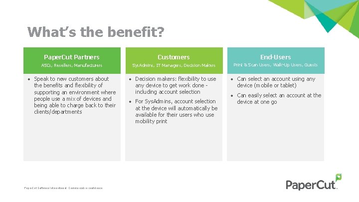 What’s the benefit? Paper. Cut Partners Customers End-Users ASCs, Resellers, Manufacturers Sys. Admins, IT