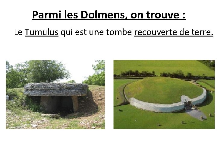 Parmi les Dolmens, on trouve : Le Tumulus qui est une tombe recouverte de