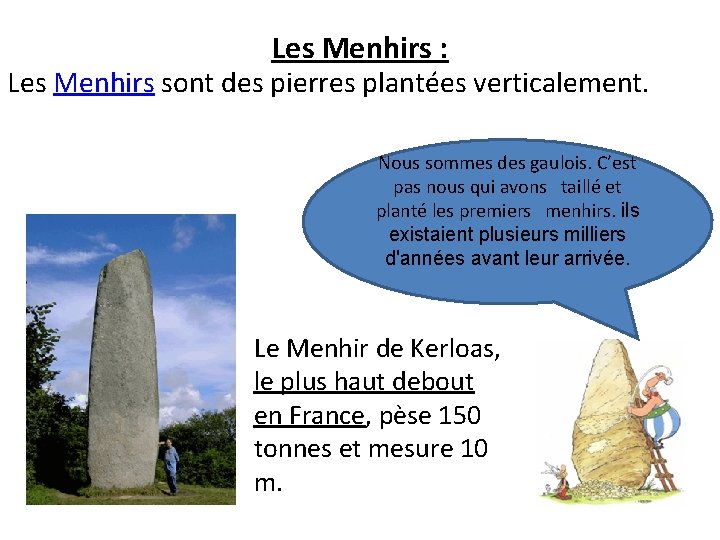 Les Menhirs : Les Menhirs sont des pierres plantées verticalement. Nous sommes des gaulois.