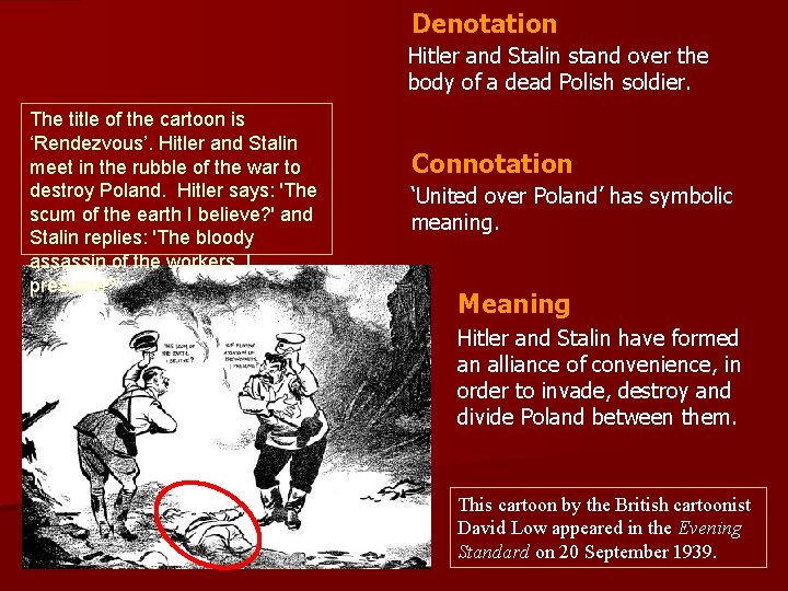 Denotation Hitler and Stalin stand over the body of a dead Polish soldier. The