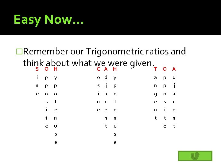 Easy Now… �Remember our Trigonometric ratios and think about what we were given. T