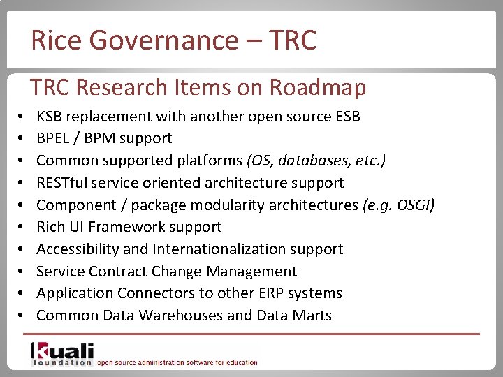 Rice Governance – TRC Research Items on Roadmap • • • KSB replacement with