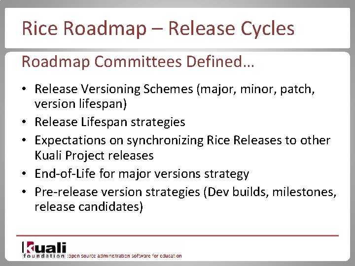 Rice Roadmap – Release Cycles Roadmap Committees Defined… • Release Versioning Schemes (major, minor,