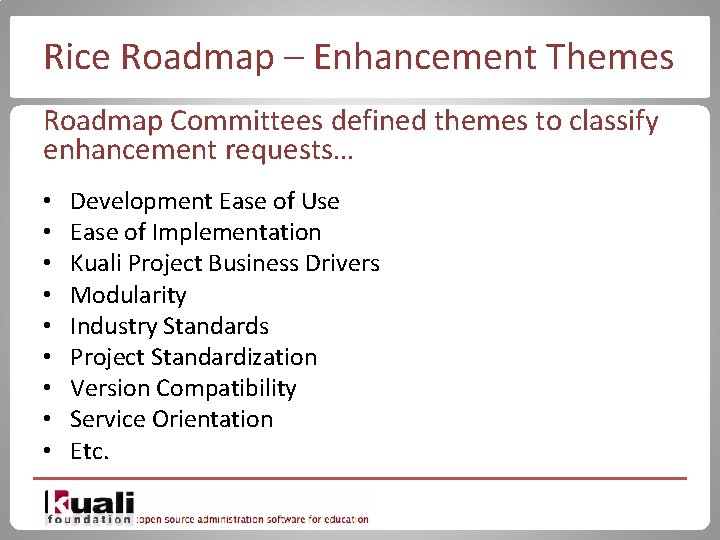 Rice Roadmap – Enhancement Themes Roadmap Committees defined themes to classify enhancement requests… •