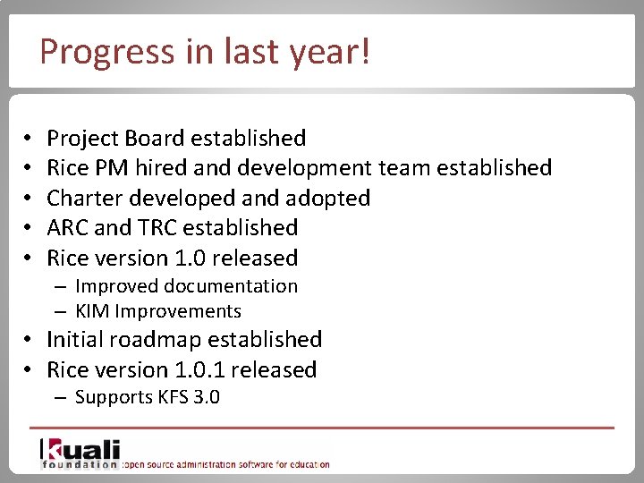 Progress in last year! • • • Project Board established Rice PM hired and