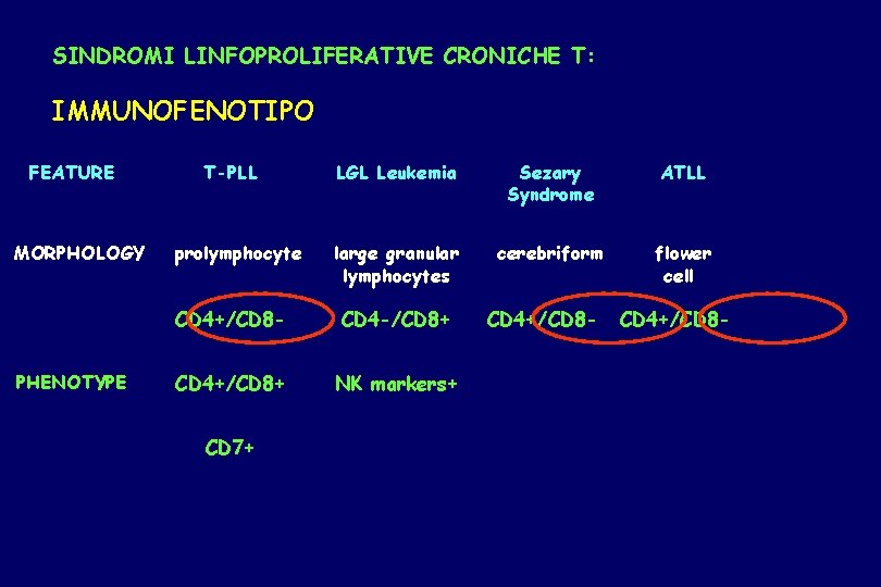 SINDROMI LINFOPROLIFERATIVE CRONICHE T: IMMUNOFENOTIPO FEATURE MORPHOLOGY PHENOTYPE T-PLL prolymphocyte LGL Leukemia Sezary Syndrome