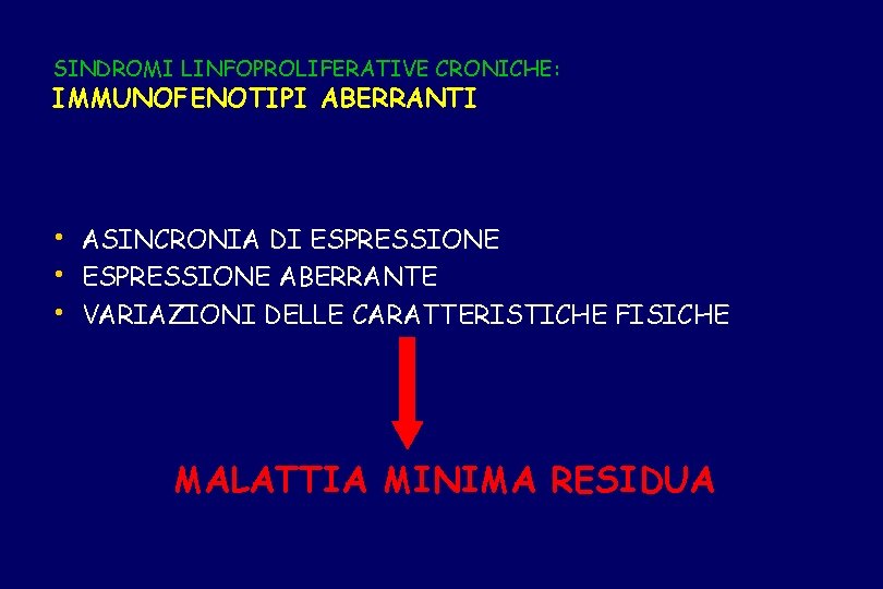 SINDROMI LINFOPROLIFERATIVE CRONICHE: IMMUNOFENOTIPI ABERRANTI • • • ASINCRONIA DI ESPRESSIONE ABERRANTE VARIAZIONI DELLE