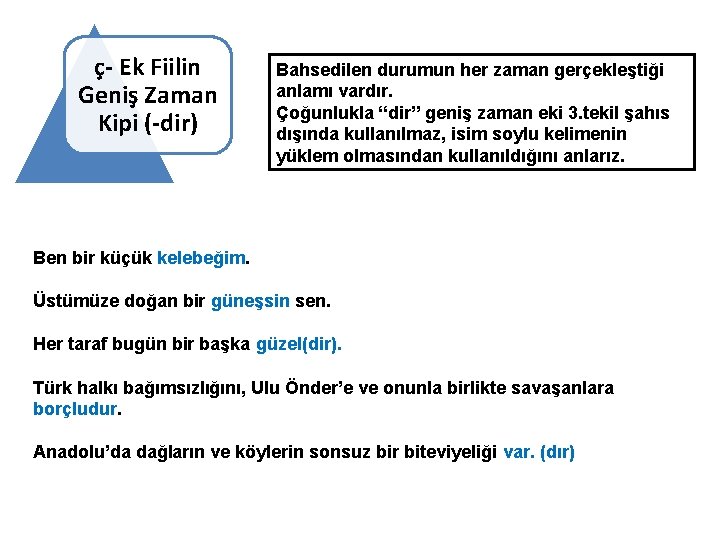 ç- Ek Fiilin Geniş Zaman Kipi (-dir) Bahsedilen durumun her zaman gerçekleştiği anlamı vardır.