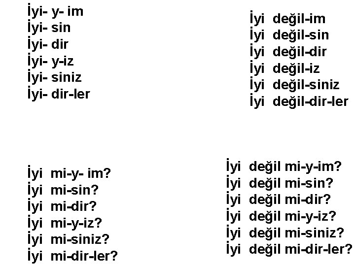 İyi- y- im İyi- sin İyi- dir İyi- y-iz İyi- siniz İyi- dir-ler İyi