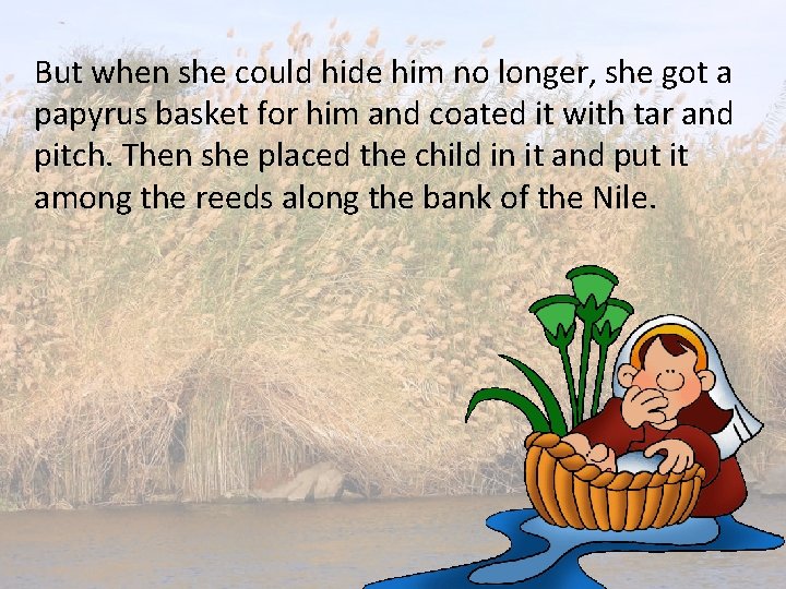 But when she could hide him no longer, she got a papyrus basket for