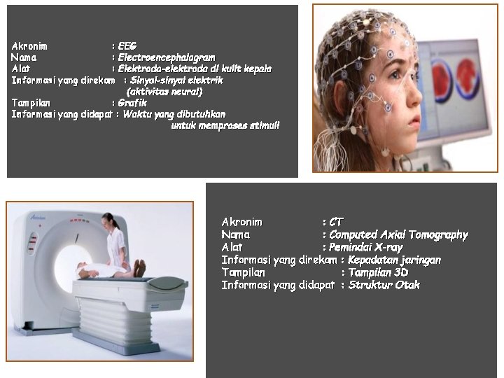 Akronim : EEG Nama : Electroencephalogram Alat : Elektroda-elektroda di kulit kepala Informasi yang