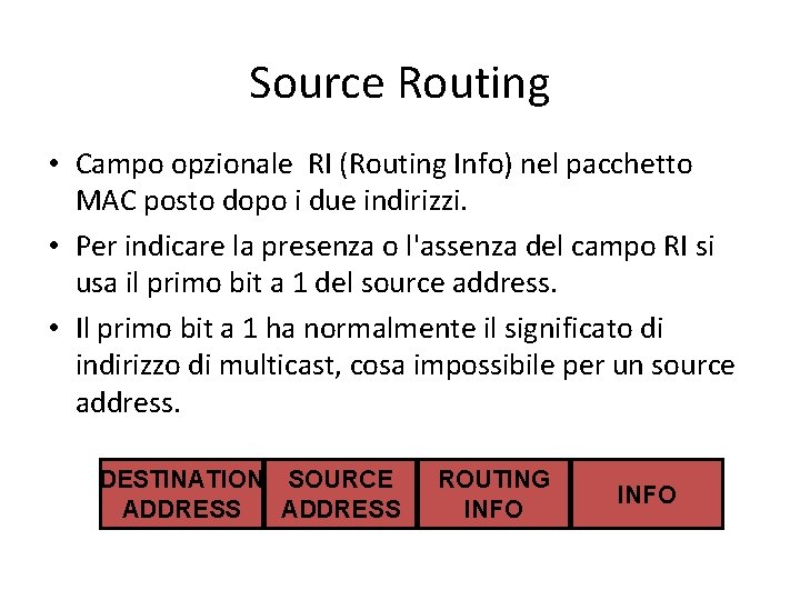 Source Routing • Campo opzionale RI (Routing Info) nel pacchetto MAC posto dopo i