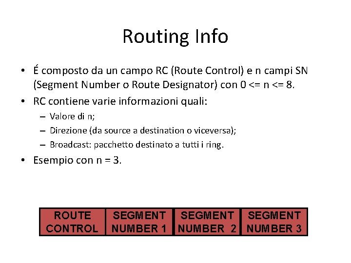 Routing Info • É composto da un campo RC (Route Control) e n campi