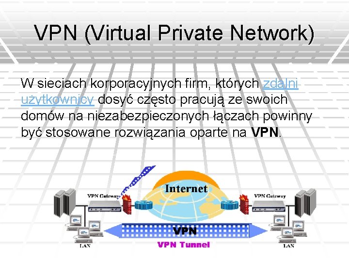 VPN (Virtual Private Network) W sieciach korporacyjnych firm, których zdalni użytkownicy dosyć często pracują