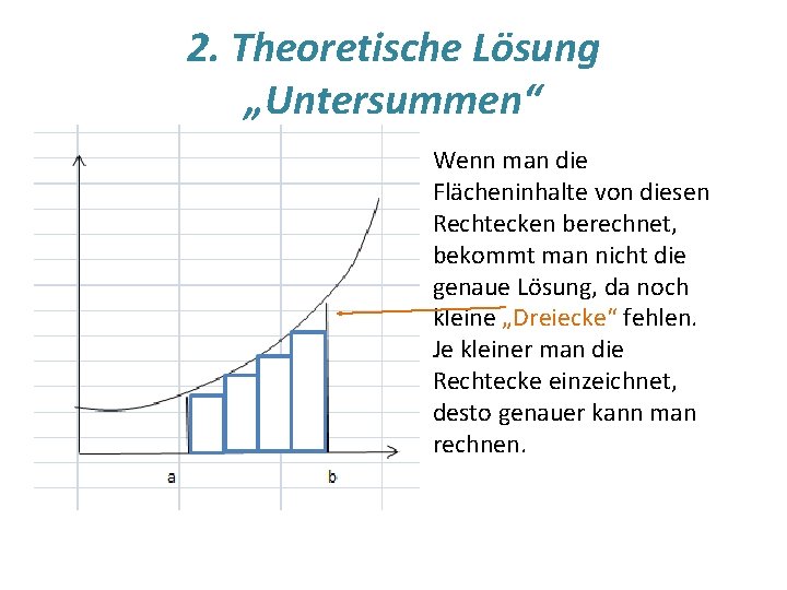 2. Theoretische Lösung „Untersummen“ Wenn man die Flächeninhalte von diesen Rechtecken berechnet, bekommt man