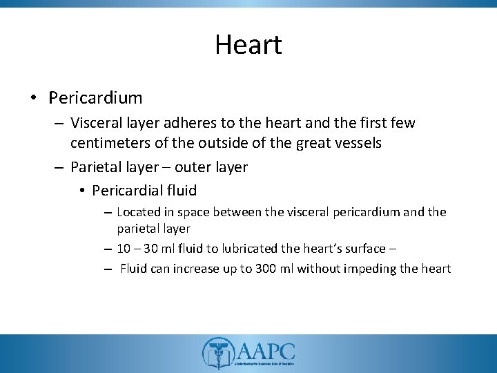 Heart • Pericardium – Visceral layer adheres to the heart and the first few