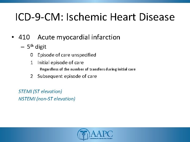 ICD-9 -CM: Ischemic Heart Disease • 410 Acute myocardial infarction – 5 th digit