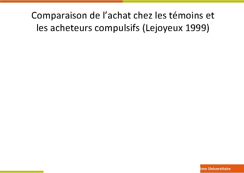 Comparaison de l’achat chez les témoins et les acheteurs compulsifs (Lejoyeux 1999) 