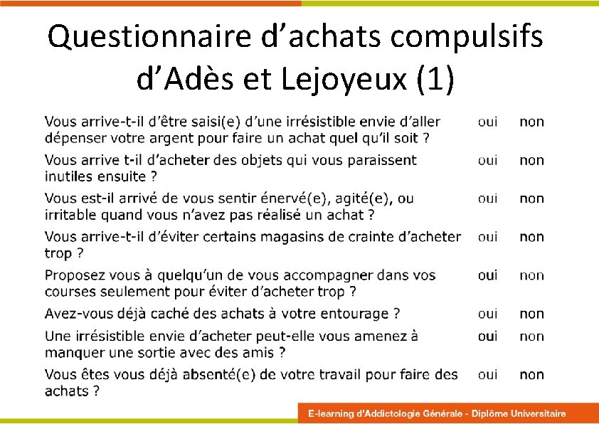 Questionnaire d’achats compulsifs d’Adès et Lejoyeux (1) 