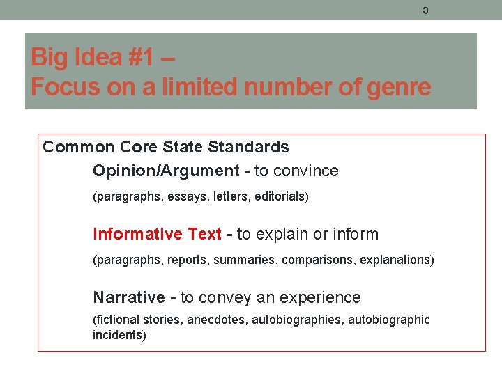3 Big Idea #1 – Focus on a limited number of genre Common Core 3 Big Idea #1 – Focus on a limited number of genre Common Core