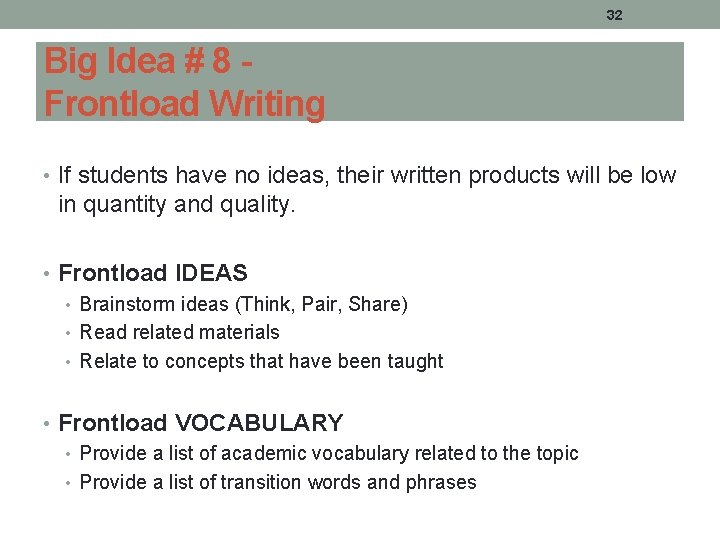 32 Big Idea # 8 Frontload Writing • If students have no ideas, their 32 Big Idea # 8 Frontload Writing • If students have no ideas, their