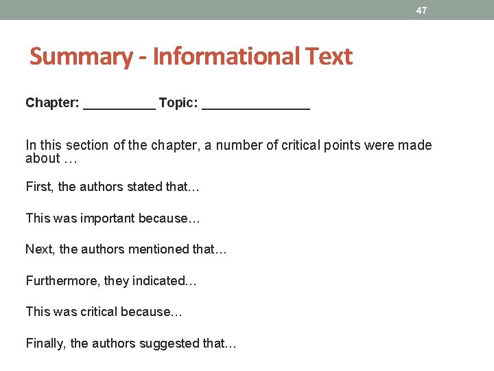 47 Summary - Informational Text Chapter: _____ Topic: ________ In this section of the 47 Summary - Informational Text Chapter: _____ Topic: ________ In this section of the